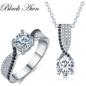 [Zwart Awn] 925 Sterling Zilveren Fijne Sieraden Sets Trendy Engagement Sets Ring + Ketting Voor Vrouwen PR013