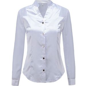 Moda Jihan Vrouwen Blouses Wit Zwart Lange mouw Chiffon Splice Satijn Office Tops Slanke Stijl V-hals Vrouwelijke