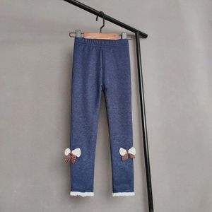Meisjes Imitatie Denim Broek Herfst Winter Kinderen Plus Fluwelen Lange Broek Baby Meisjes Boog Kant Warme Broek Donkerblauw Zwart