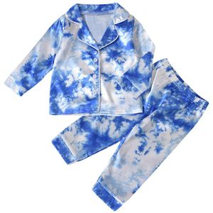 2Pcs Kids Tie-Geverfd Pyjama Set Revers Lange-Mouwen Top Met Knop Elastische Losse Broek Nachtkleding Pak voor Meisjes Jongens