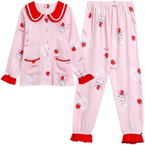 Aardbei Print Moederschap Night Pyjama Voor Zwangere Nachtkleding Lente Herfst Lange Mouwen Katoenen Pyjama Verpleging Nachtkleding