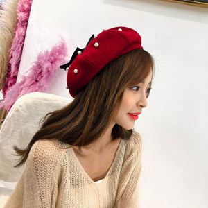 Vrouwen Winter Parel Strik Baretten Vintage Kasjmier Vrouwelijke Wol Cap Warm Verstelbare Hoeden Meisjes Platte Caps Lady Accessoires