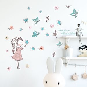 Vliegende Vlinder Meisje Muurstickers Slaapkamer Meisjes Kamer Home Decoratie Art Mural Cartoon Stickers Kinderkamer Behang