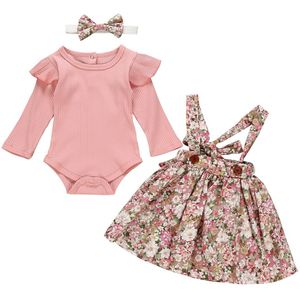 3Pcs Baby Meisje Kleding Sets Roze Romper + Band Jurk + Hoofdbanden Bloemenprint Pasgeboren Kleding Outfit Baby kleding Set
