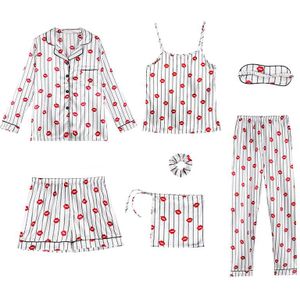 Luxe Vrouwen 7 Stuks Pyjama Sets Emulatie Zijde Gestreepte Print Pyjama Vrouwen Nachtkleding Sets Lente Zomer Herfst Homewear