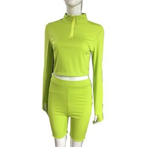 Vrouwen Sport Running Sets Lady Stand Kraag Streetwear Trui Lange Mouw Crop Top Met Rits + Solid Skinny Fit Korte broek