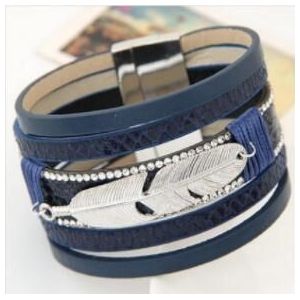 Lichtmetalen Veer Bladeren Breed Multilayer Strass Leer Magneet Armband Bangles pulseira feminina voor Vrouwen Mannen