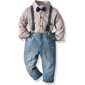 Kids Herfst Kleding Kinderen Pak Jongens Gestreepte Shirt Bretels Jeans Gentleman Outfit Kind Feestjurk