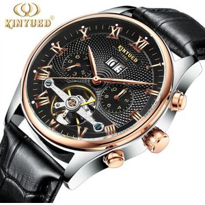 KINYUED Skeleton Tourbillon Mechanische Horloge Mannen Automatische Classic Rose Gold Leather Mechanische Horloges Reloj Hombre