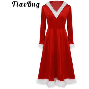 TiaoBug Vrouwen Rode Kerst Kostuum Vrouwelijke Zachte Fluwelen Lange Mouw Kap Jurk Xmas Kerstman Familie Cosplay Party Dress