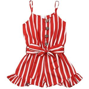 Zomer Rode Gestreepte Overalls Voor Baby Meisjes Mode Mouwloze Breasted Met Riem Losse Korte Broek Casual Kids Jumpsuits Romper