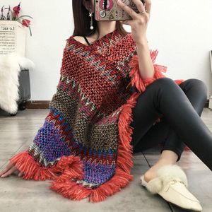 Vrouwen Nationale Geometrische Mantel Kwasten Sjaal Gebreide Lente Hedging Mohair Omzoomd Gebreide Sjaal Jas Lange Shawl Casual Poncho