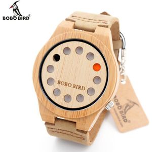 BOBO VOGEL V-A04 Licht Milieuvriendelijke 12 Gaten Houten Horloges Mannen Lederen Quartz Horloge Speciale Handen Armband