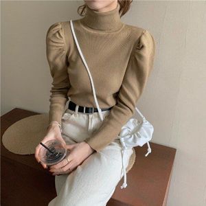 Nomikuma Herfst Winter Coltrui Trui Truien Koreaanse Puff Lange Mouwen Vrouwen Gebreide Tops Slanke Baisc Pull Femme 6D078