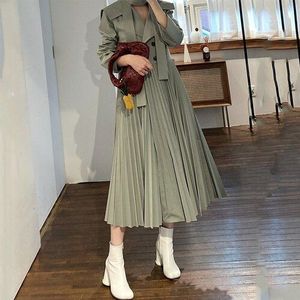 Vrouwen Double Breasted Geplooide Trenchcoat Vintage Lange Jassen Voor Vrouwen Engels Stijl Vrouwelijke Windjack Met Riem