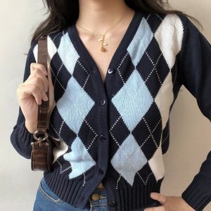 Vrouwen Vest Argyle Knit Trui Vintage Stijlvolle Geometrische Patroon Slim Crop Top V-hals Engeland Stijl Lange Mouw Bovenkleding