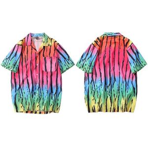 Hip Hop Shirt Streetwear Mannen Hawaiian Shirt Tie Dye Rainbow Zwarte Streep Shirts Korte Mouw Harajuku Strand Overhemd Zomer