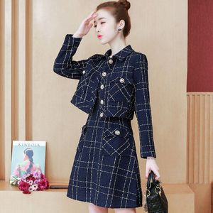 Lente Herfst Vrouwen Werkkleding Jurk Past Blauw Wit Plaid Vrouwelijke 2 Delige Set Outfit Jas en Jurk Koreaanse jurken Suite