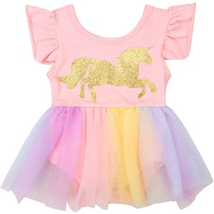 Baby Girls Flying Sleeve Round Neckline Cute Cartoon Print Tutu Mesh Colorful Dress Style Romper