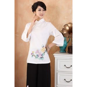 Vrouwen Casual Katoen Linnen Shirt Chinese Cheongsam Blouse Vrouwen Qipao Tops Bloemenprint Stand Kraag Shirt