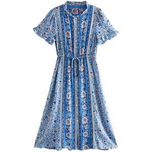 Boho Geïnspireerd Vrouwen Jurk Bohemian Blauw Bloemen Zomer Jurk Print V-hals Boho Lange Jurken Voor Vrouwen Party Herfst Lange Jurk