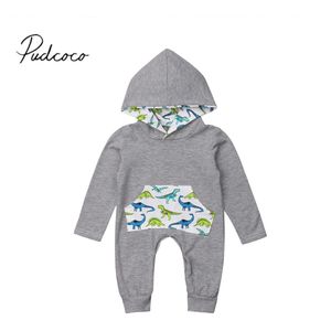 Brand 0-24 m Baby Baby Jongens Meisjes Herfst Romper Dinosaurus Print Hooded Lange Mouwen Grijs Romper warme Kleding Outfits