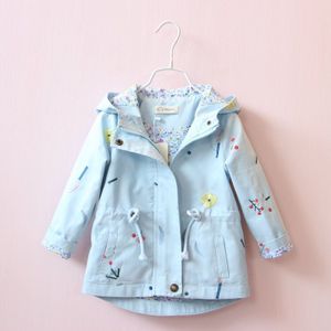 Lente Koreaanse stijl Katoen Bloem Geborduurde Meisjes Trenchcoat Kids Koord Hooded kinderen