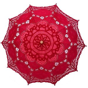 Kant Bruids Paraplu Parasol Zwart Rood Wit Katoen Zonnescherm Voor Bruid Houten Handvat Bruiloft Decoratie Paraplu