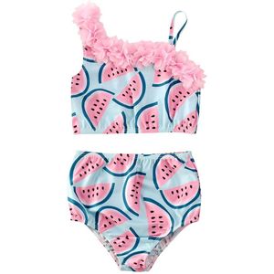 Zomer Badpak Mode Peuter Baby Meisjes Watermeloen Badpak Een Schouder Badmode Zwemmen 3D Bloem 2 Stuks Bikini