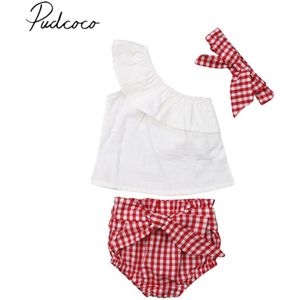 Baby Zomer Kleding 0-24 M Baby Pasgeboren Baby Meisjes Kleding Sets 3 PCS Een Schouder Witte Top plaids Shorts Broek Hoofdband