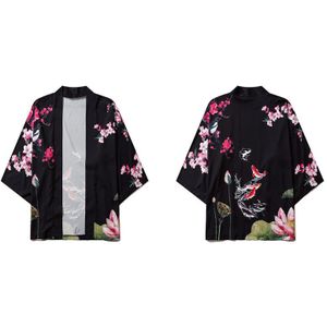 Gonthwid Kersenbloesems Karper Koi Vis Vogel Print Japanse Kimono Vest Shirts Jassen Mens Casual Bloemen Jassen Streetwear