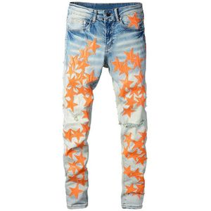 Mannen Lederen Sterren Patches Jeans Streetwear Slim Skinny Stretch Denim Potlood Broek Gaten Ripped Patchwork Tapered Broek