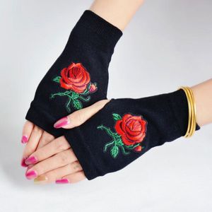 Strass Gebreide Zwarte Wol Half Vinger Computer Wanten Warme Handschoenen Rose Gedrukt Lady Vingerloze Vrouwen Touch Screen Handschoenen