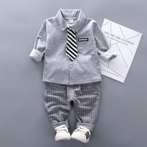 Jongens Solid Kleding Sets Lente Herfst Baby Katoen Lange Mouwen Tie Shirt Broek 2 Stuks Outfits Kids Elegante Gentleman pak 1-4Y