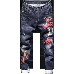 Street Ripped Bedelaar Jeans Mannen Slim Fit Pauw Bloem Borduren Lange Broek Zomer Straight Strechy Spliced Denim Broek