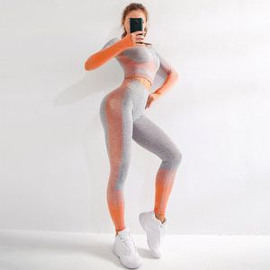 Naadloze Vrouwen Yoga Set Sport Kleding Lange Mouwen Top Hoge Taille Leggings Workout Kleding Fitness Sport Pak Gym Outfit Sets