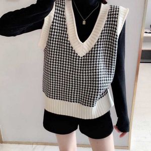 Vrouwen E Meisje Oversized Gebreide Vest Trui V-hals Mouwloos Houndstooth Vrouwelijke Vest Chic Tops Mode Winter Kleding