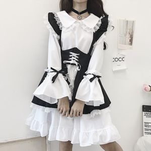 Vintage Black White Gothic Lolita Maid Dress Women Japanese Kawaii Flare Sleeve 2 Piece Sets Girls Halloween Cosplay Costumes