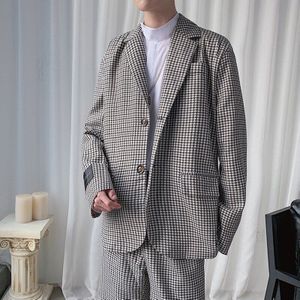 Iefb/Herenkleding Koreaanse Stijl Zwart Wit Grid Print Suit Jas Mannen Oversize Enkele Breasted Losse Blazers voor Mannelijke 9Y3886