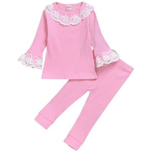 Pasgeboren Baby Baby Jongens & Meisjes winter kleding set Lange Mouwen Effen Kant Tops Shirt Broek katoen Herfst Meisjes Sets outfits