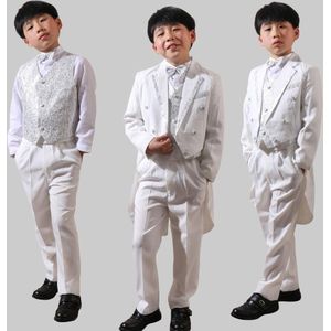 5Pcs Peuter Jongens Pak Witte Formele Smoking Lange Staart Kinderen Bruiloft Suits