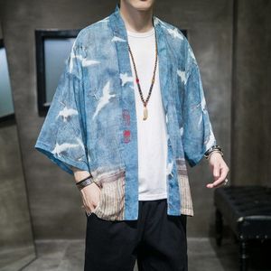 Chinese Stijl Hanfu Kraan Gedrukt Casual Gewaad Mannen Retro Japanse Kimono Haori Harajuku Streetwear Mode Vest Mantel Shirts