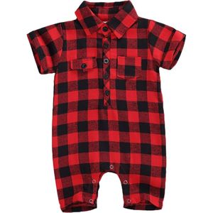 Pasgeboren Baby Baby Korte Mouwen Revers Plaid Romper Mode Korte Mouw Pocket Knoppen Jumpsuits Voor Baby Meisjes Jongens