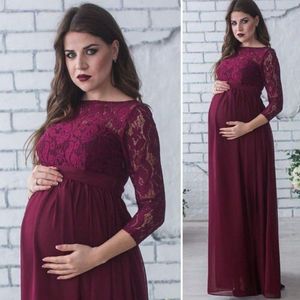 Zwangere Vrouwen Kanten Lange Jurk Effen Kleur Moederschap Maxi Gown Dress 3/4 Mouw Bruiloft Vloer Jurk Voor Fotografie