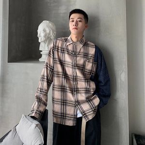 Lappster Mannen Harajuku Plaid Shirts Heren Streetwear Patchwork Shirt Lange Mouw Koreaanse Fashions Shirt Vintage Casual Kleding