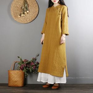 Lente Oosterse Jurk Vintage Plaat Gesp Katoen Linnen Gewaad Jurken Volledige Mouw Stand Kraag Vrouwen Jurken KK4208