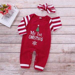 Kerst Pasgeboren Baby Meisjes Gestreepte Romper Hoofdband Xmas Outfits Brief Kleding 0-2 t