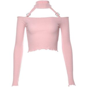 Nibber Harajuku leuke roze Strapless crop tops vrouwen T-shirts herfst winter Elegante Ruches Casual Slim tee shirts mujer