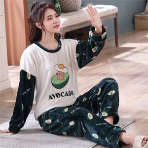 Winter Lange Mouwen Vrouwen Pyjama Set Warme Cartonn Print Flanellen Pyjama Paar Koraal Fluwelen Slaap Slijtage Pyjama 2 Stuk set