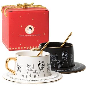 Keramische Nordic Stijl Eenvoudige Zwart-witte Kat Paar Koffie Kop En Schotel Set Bloemen Thee Zwarte Thee Cup Ins wind Creatieve